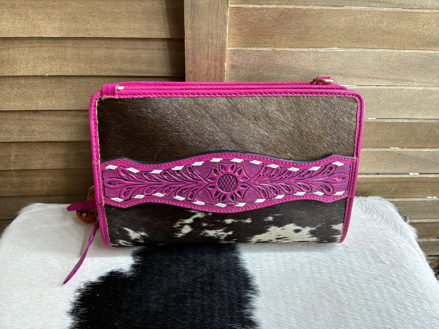 Pink Tooled Brown Cowhide Bag