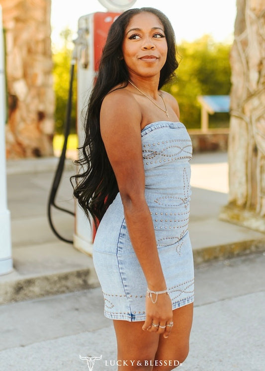 Acid Wash Denim Studded Dress