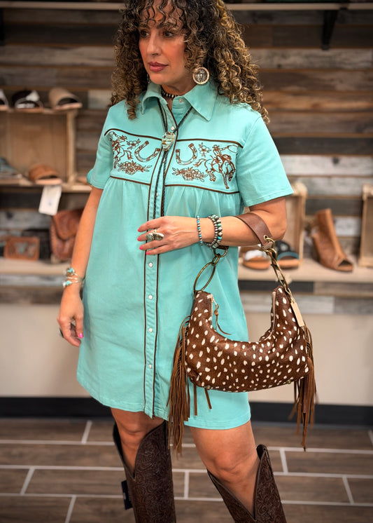 Mint Denim Pearl Snap Dress
