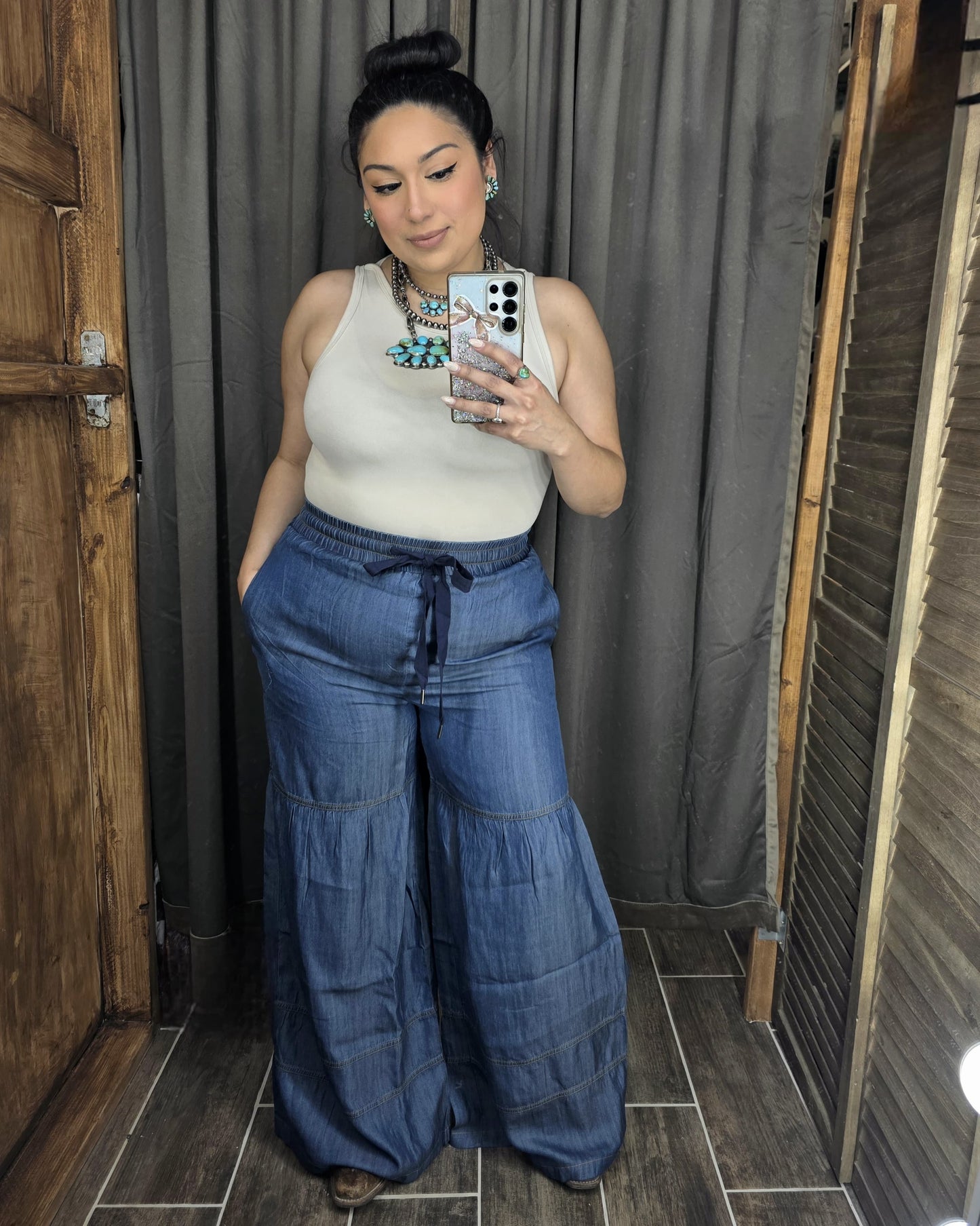 Washed Denim Wide Leg Pants