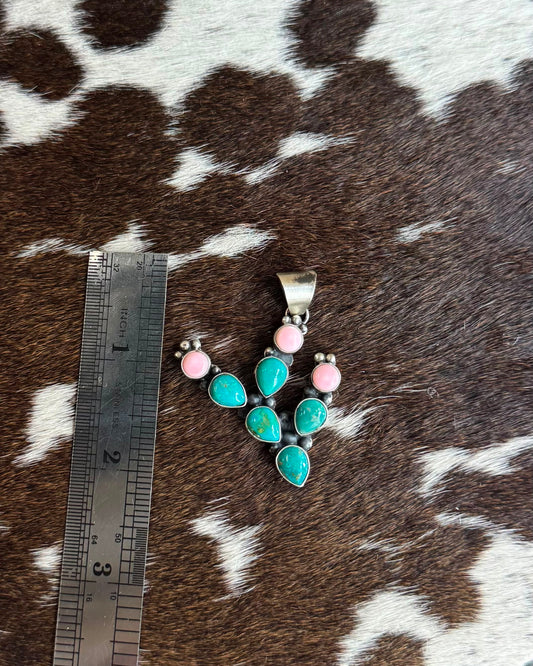 Turquoise & Pink Conch Cactus Pendant * Native