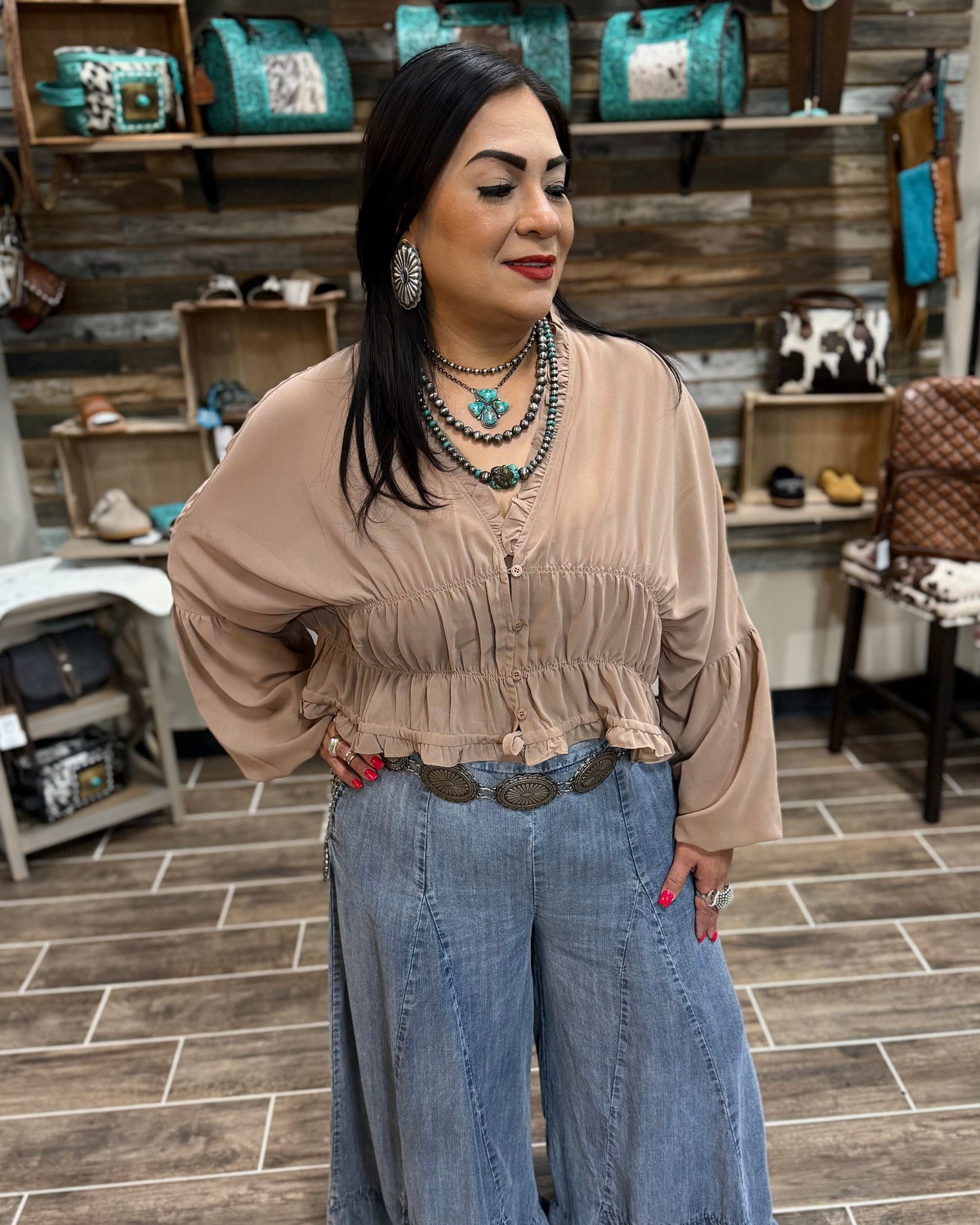 Mocha Sheer Ruffle Blouse