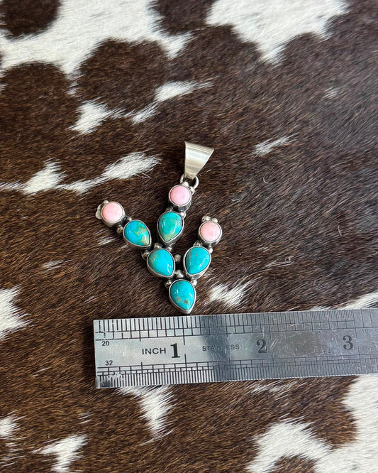 Turquoise & Pink Conch Cactus Pendant * Native