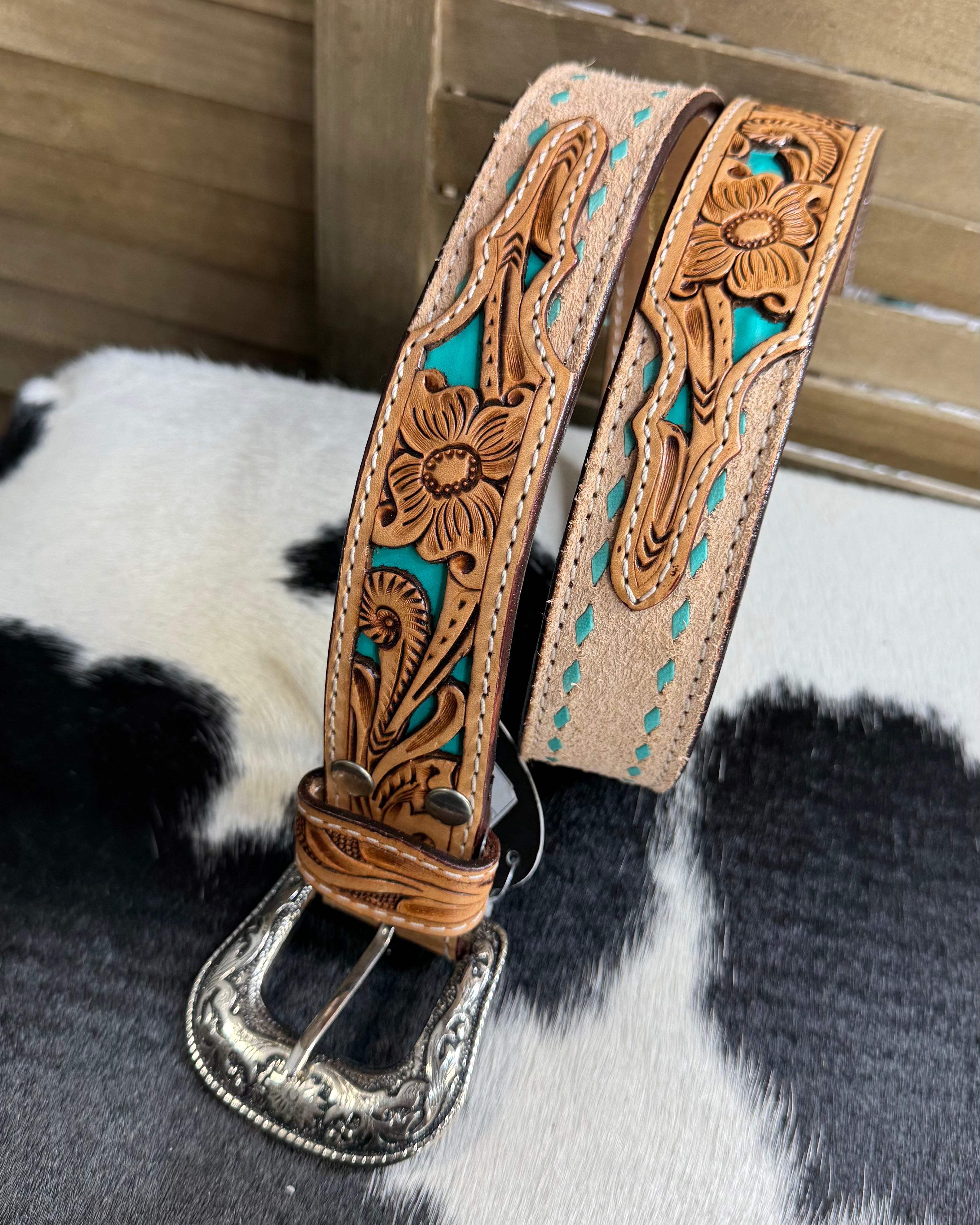 Abstract Wood & Turquoise inlay Stone Buckle Black Leather Belt Turquoise Stitch Navajo Handmade Multistone Jasper/opal/turquoise/lapis/spiny  main image 3