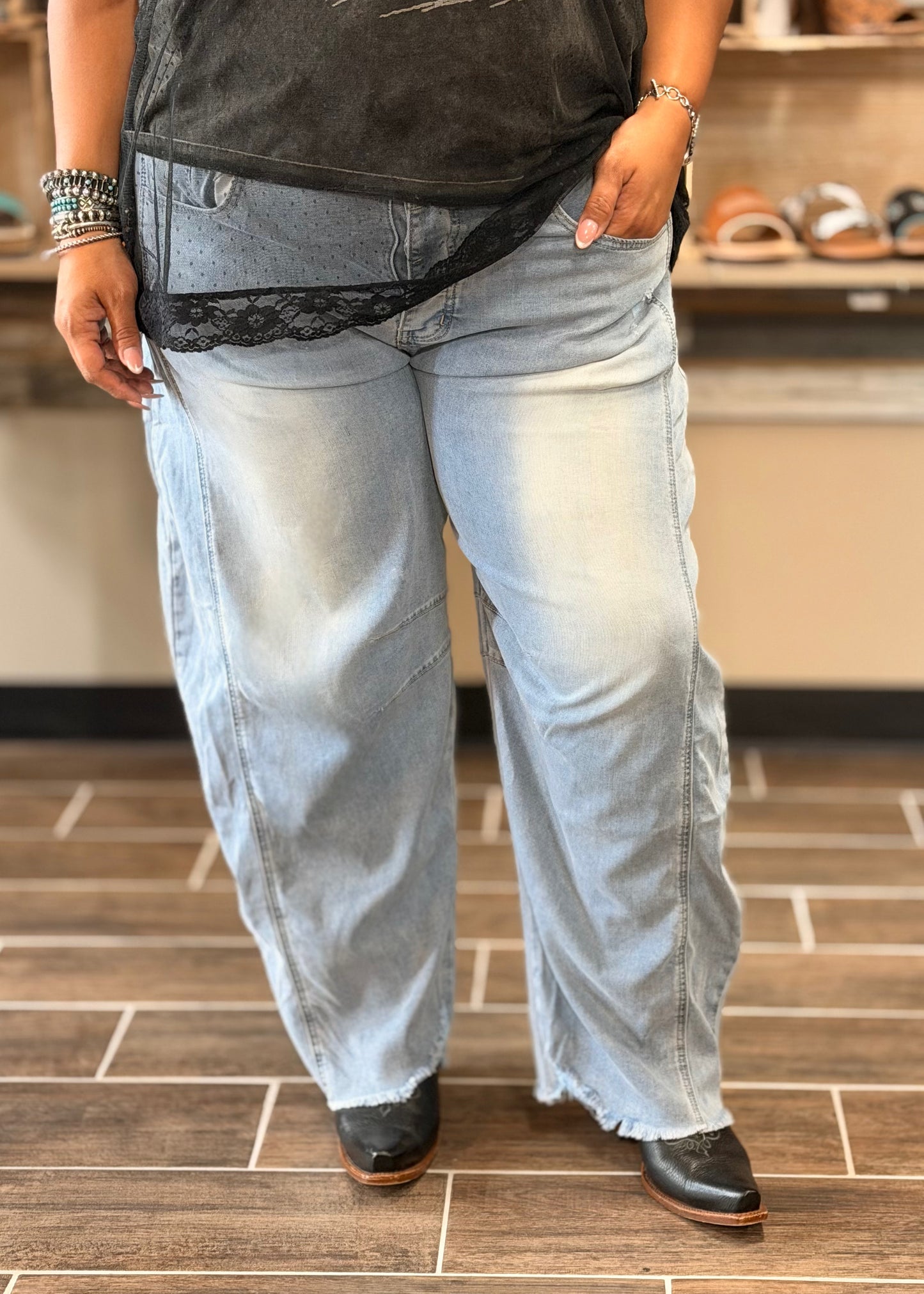 Cropped Denim Barrel Pants