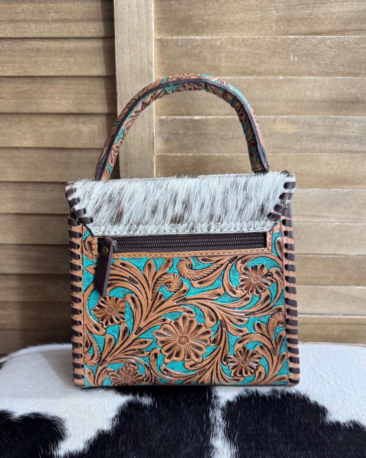 Brown & Turquoise Tooled Cowhide Handbag