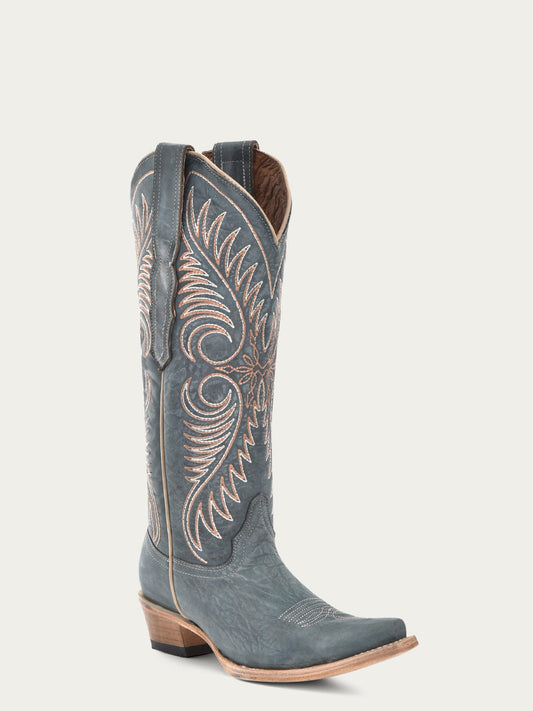 Distressed Blue Embroidery Boots