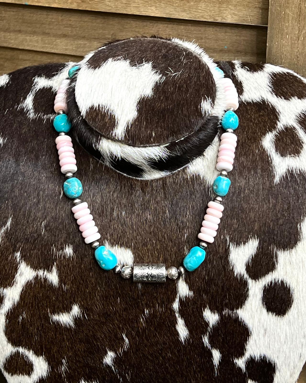 Pink Conch & Turquoise Nugget Barrel Necklace