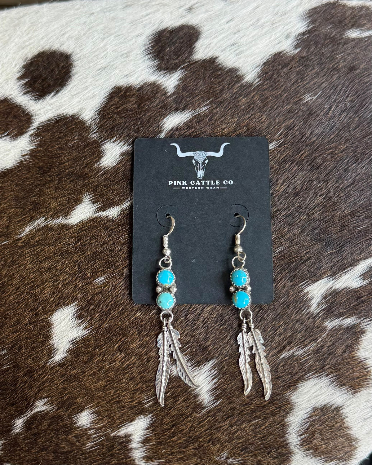 Turquoise 2 Stone Feather Dangle Earrings *Native