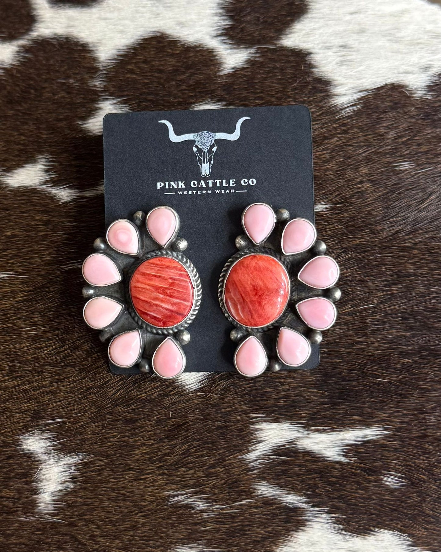 Pink Conch & Red Spiny Half Cluster Earrings *Native