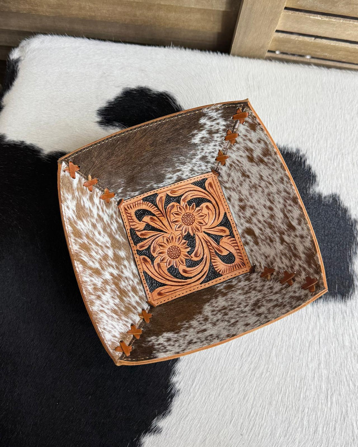Caramel Tooled Cowhide Catch All Bowl