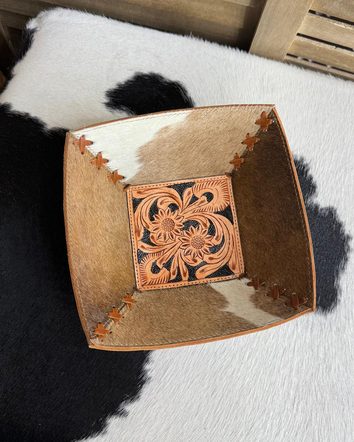 Caramel Tooled Cowhide Catch All Bowl