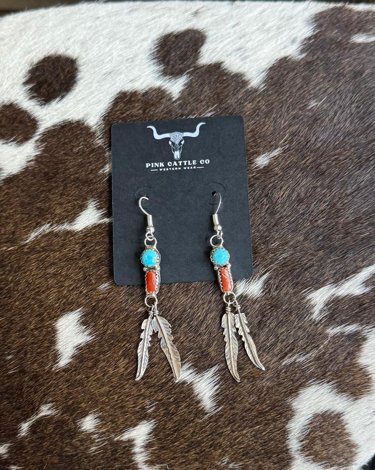 Turquoise & Coral Feather Dangle Earrings *Native