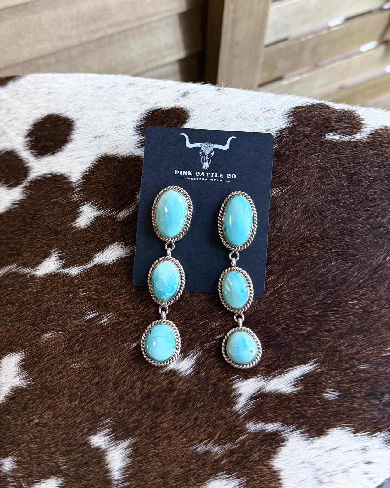 3 Stone Light Blue Dangle Earrings *Native