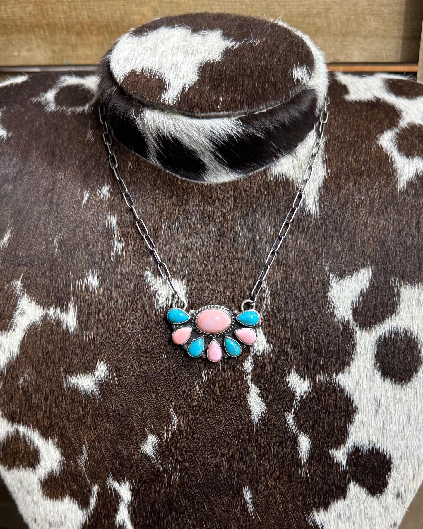 20” Pink Conch & Turquoise Half Cluster*Native