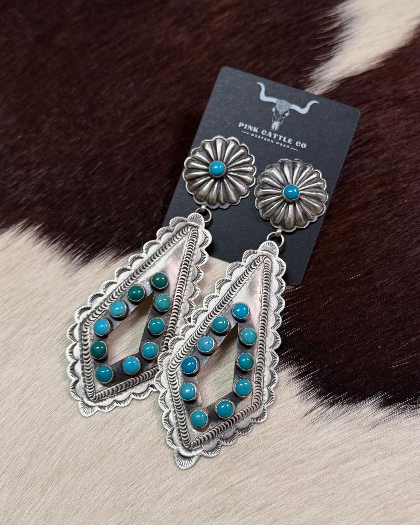 Sterling Turquoise Concho Diamond Dangles *Native