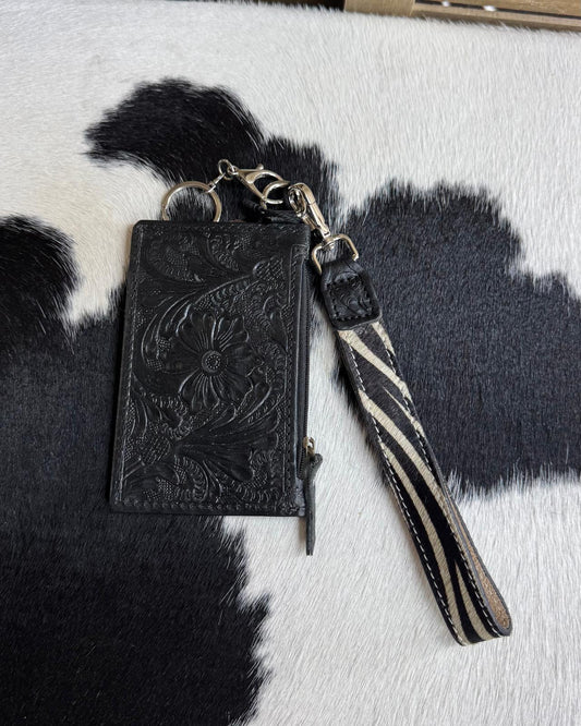 Tooled Leather Zebra Print Wristlet