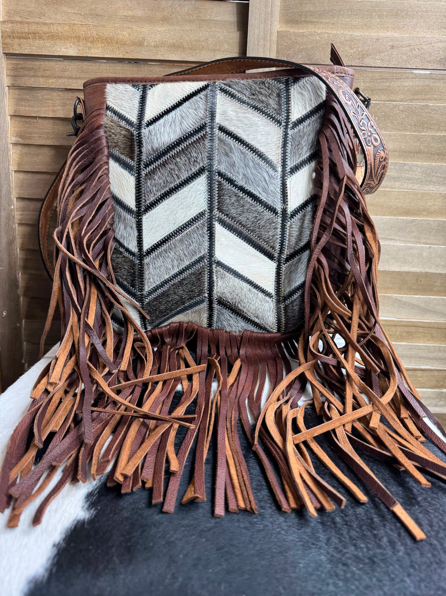 Cowhide Chevron Fringe Crossbody