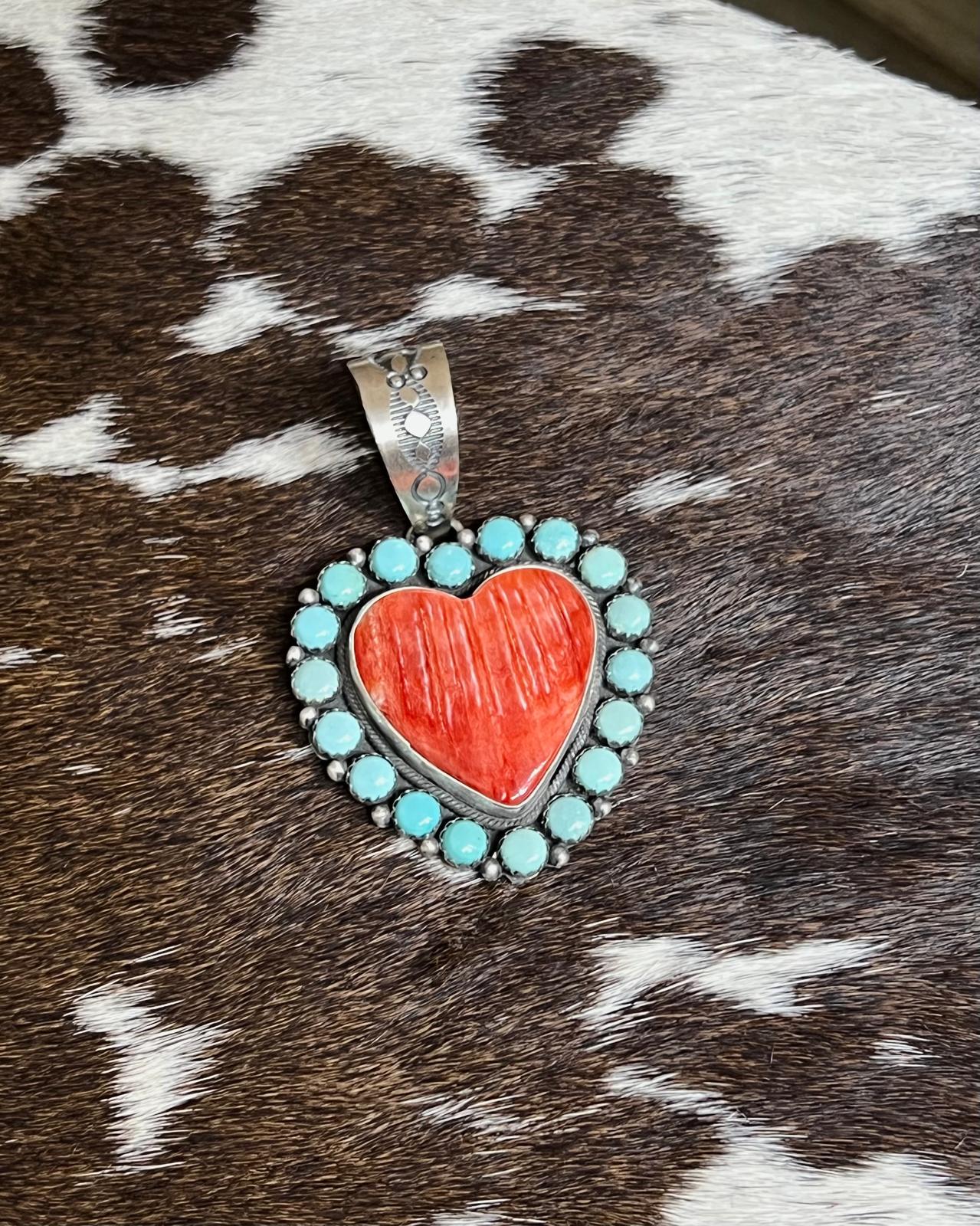Turquoise & Red Spiny Heart Pendant *Native