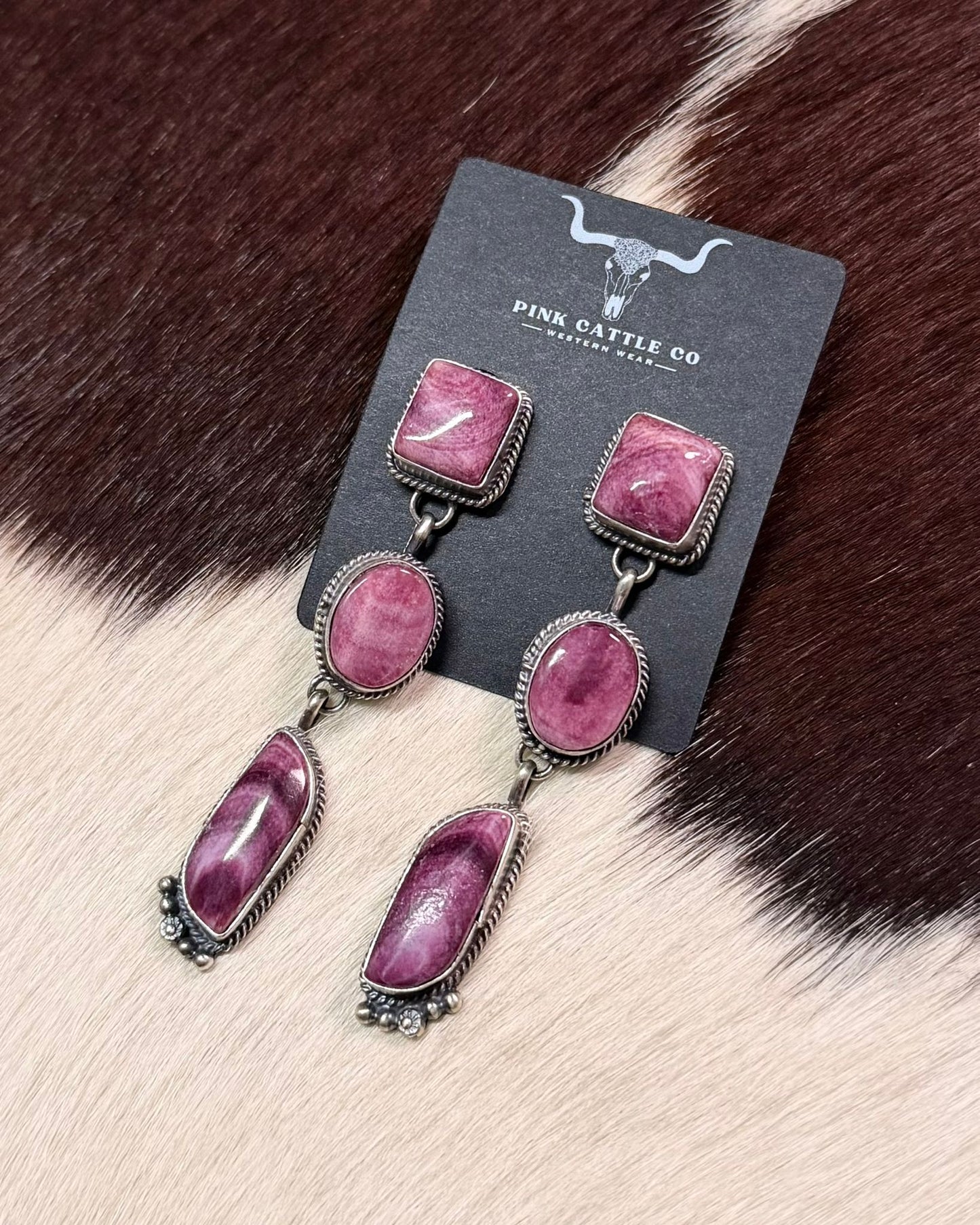 Purple Spiny 3 Stone Dangle Earrings *Native