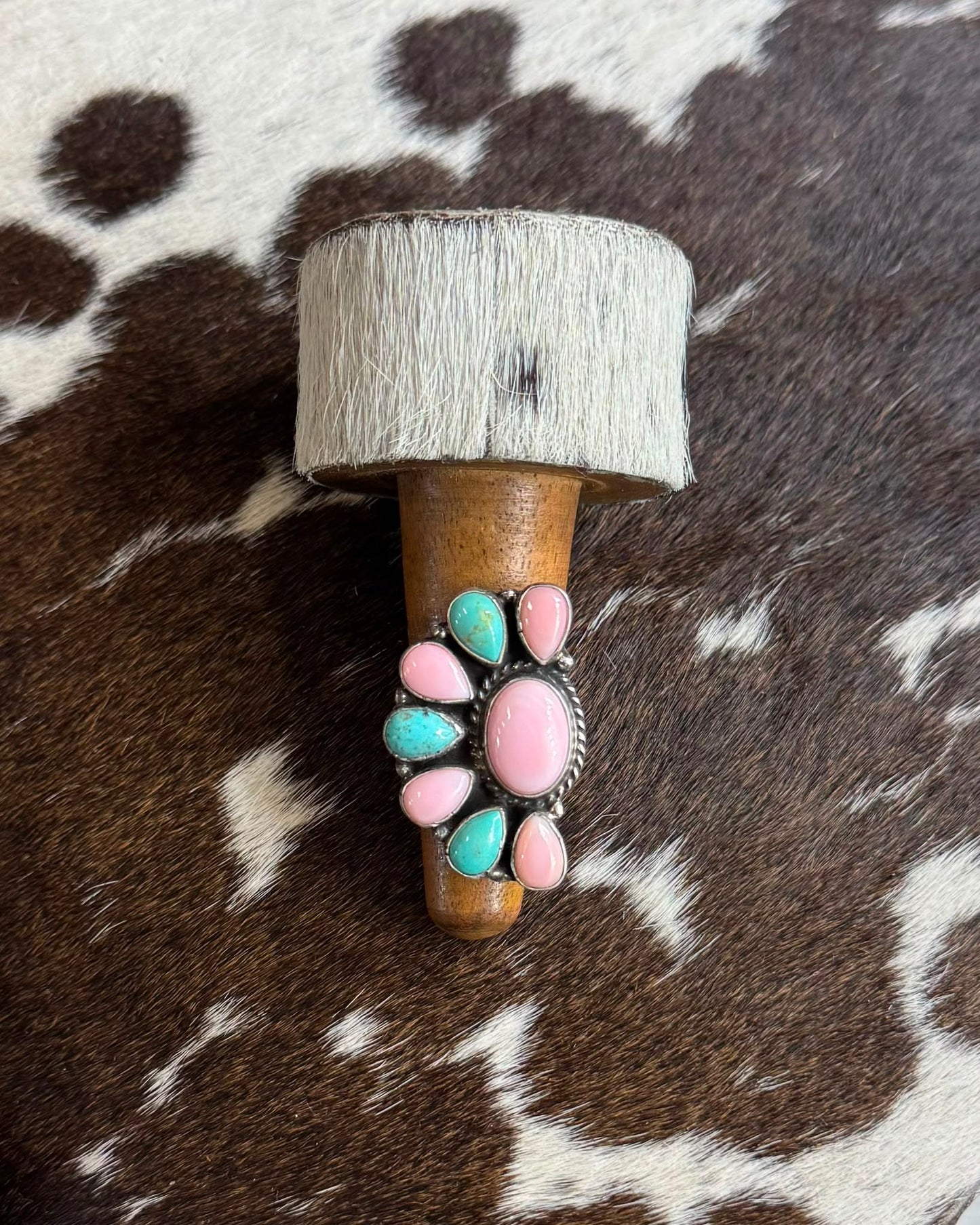 Turquoise & Pink Conch Half Cluster Ring *Native
