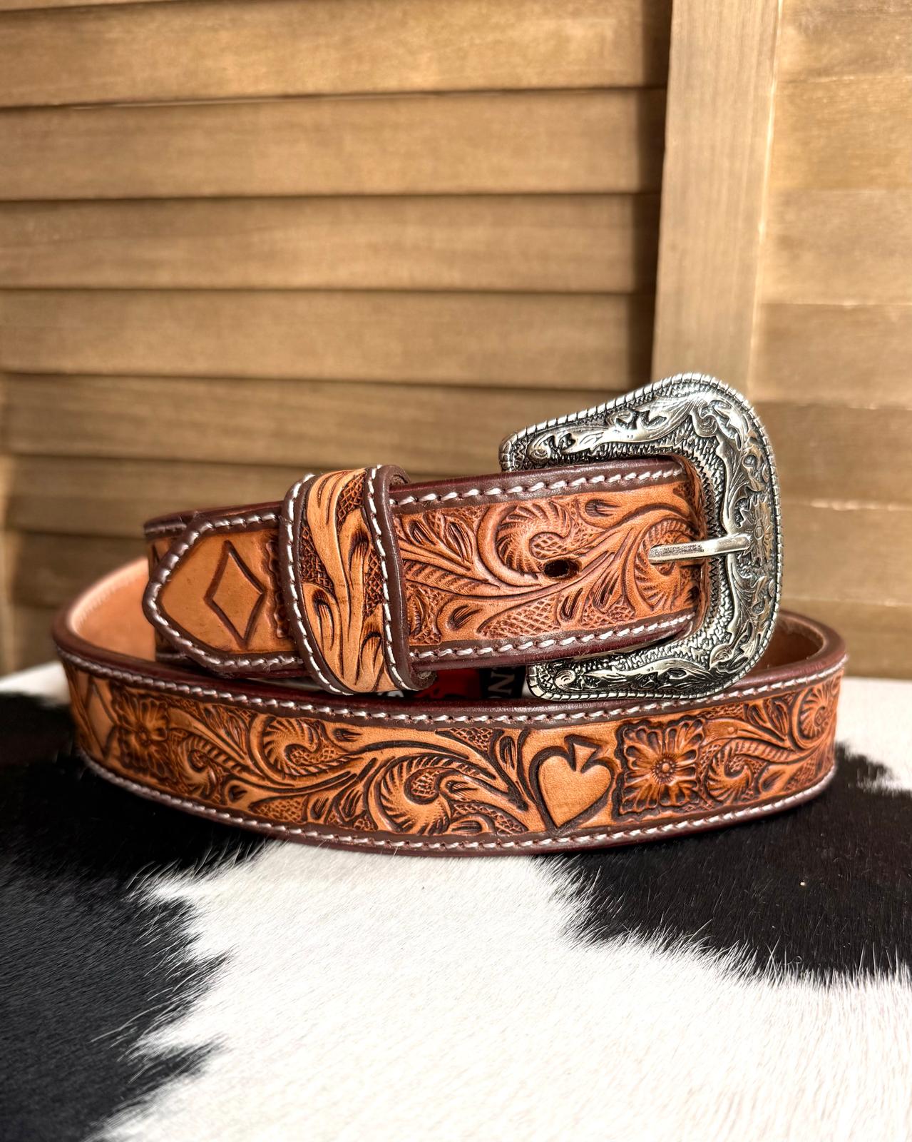 Spades & Hearts Brown Tooled Belt