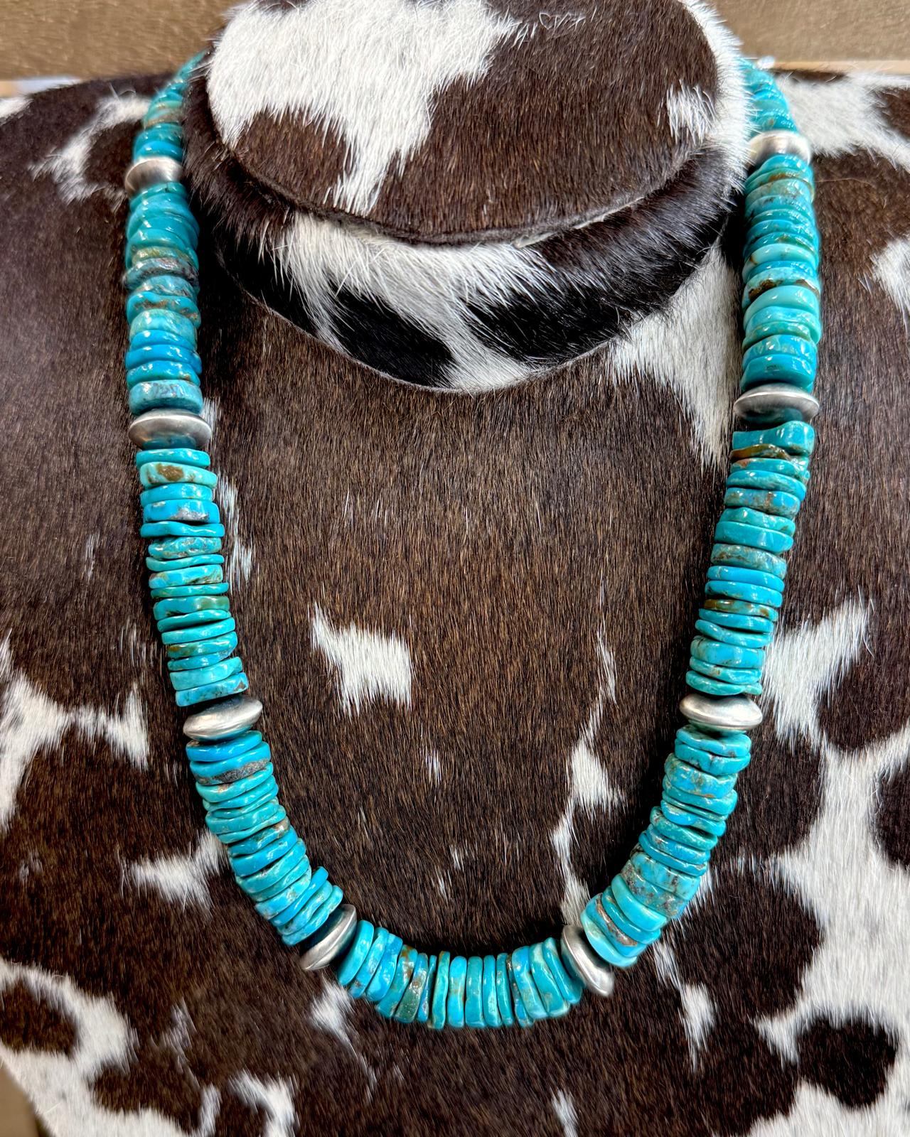 21" All Turquoise Sterling Pearl Disk Necklace