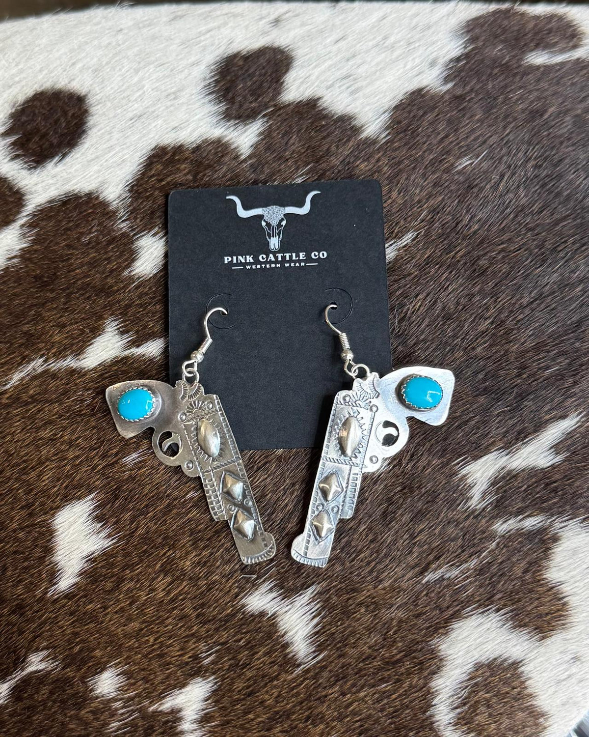 Silver Diamond Gun Turquoise Dangle Earrings *Native