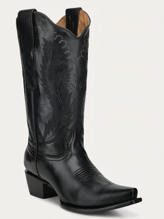 Black Embroidered Snip Toe Boots