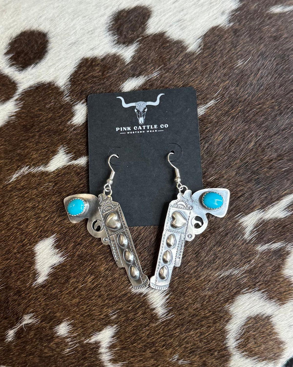 Silver Heart Gun Turquoise Dangle Earrings *Native