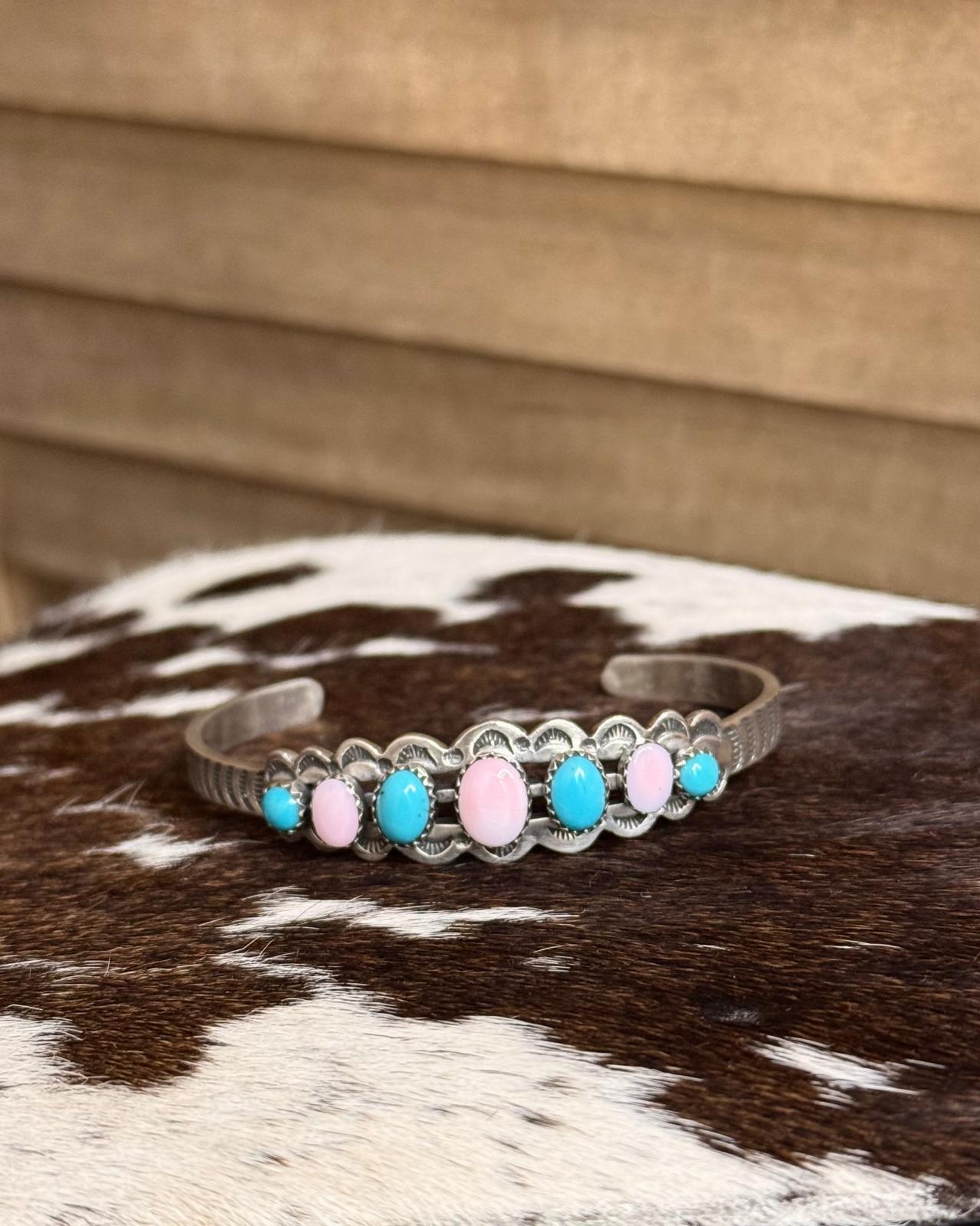 Turquoise & Pink Conch Round Cuff *Native