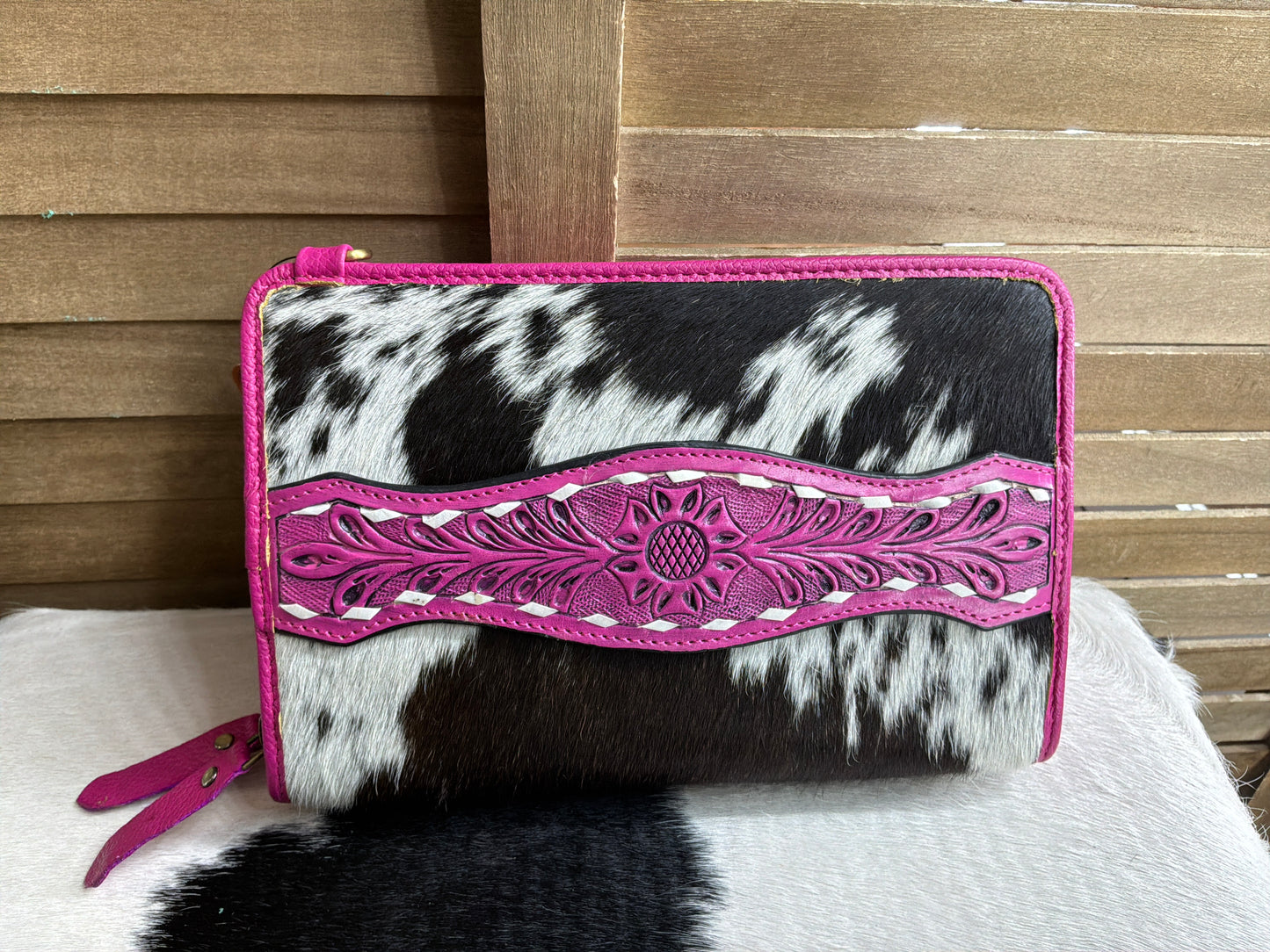 Pink Tooled Black Cowhide Bag