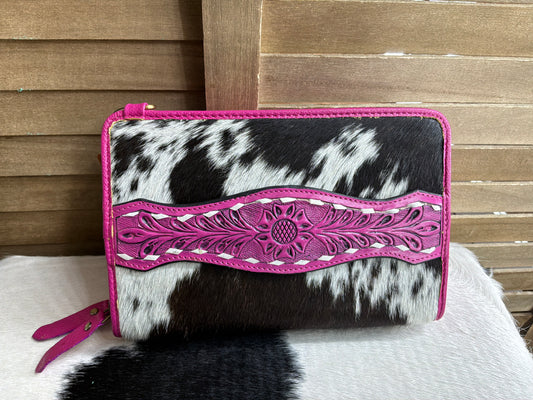 Pink Tooled Black Cowhide Bag