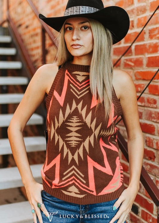 Brown Aztec Halter Knit Top