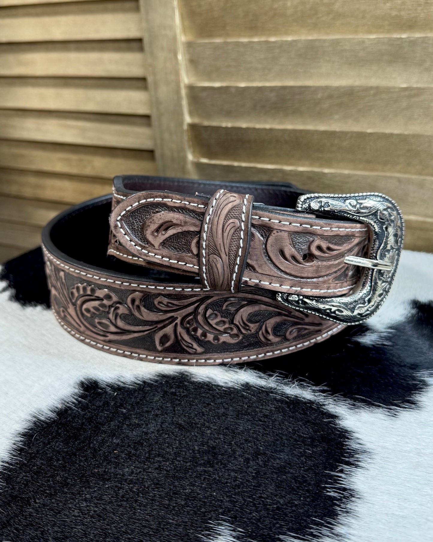 Brown Tooled Buck Stitch Belt