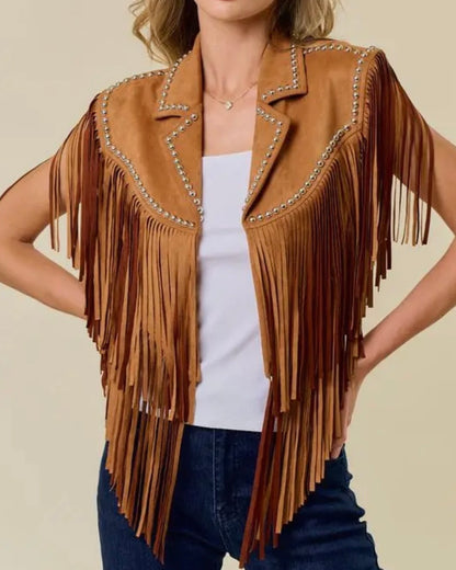 Camel Studded Fringe Collar Shoulder Shrug