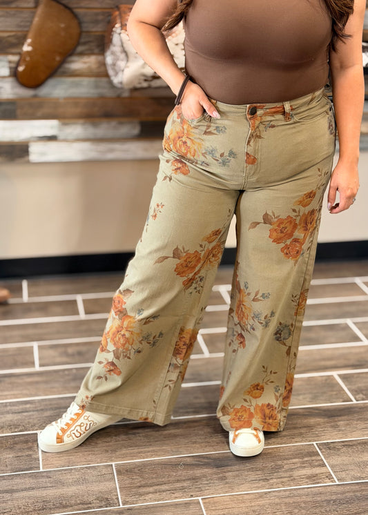 Flower Print Washed Pants