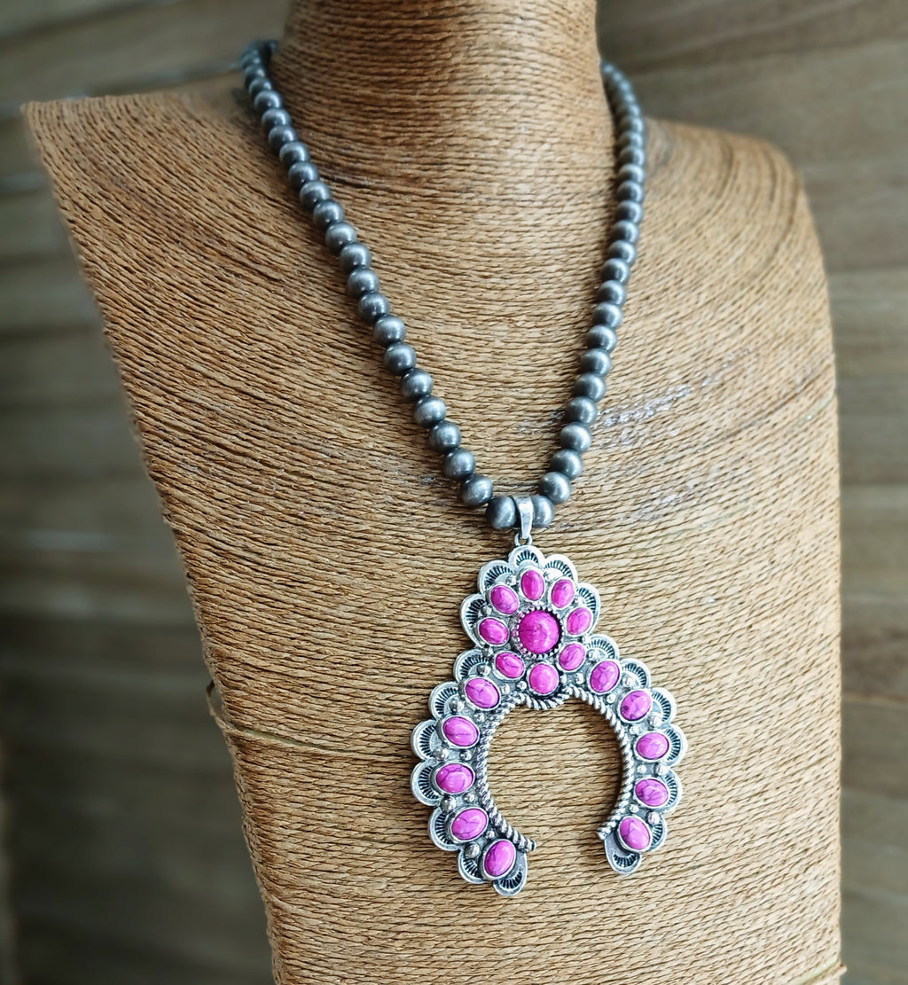 Pink Stone Squash Blossom Navajo Necklace