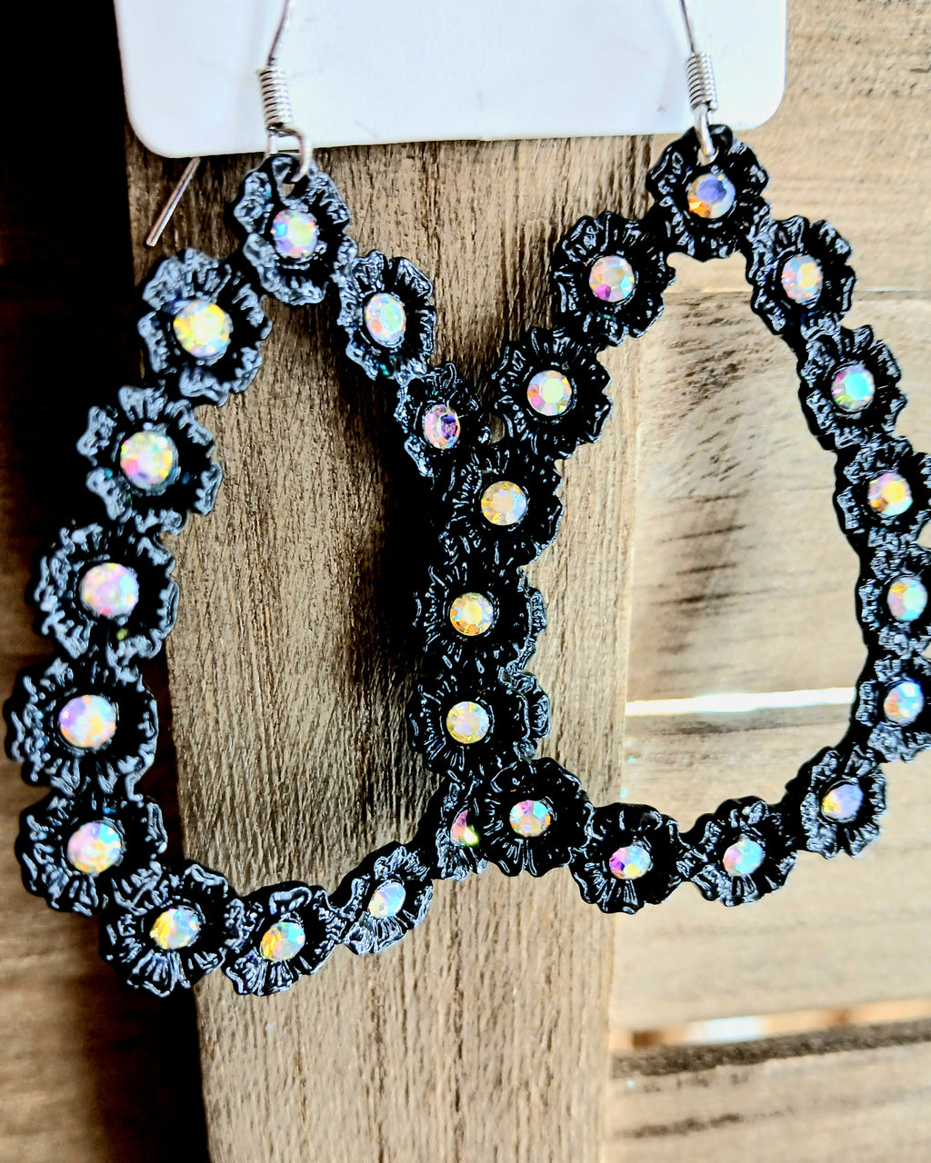 Black flower with stone dangle earrings