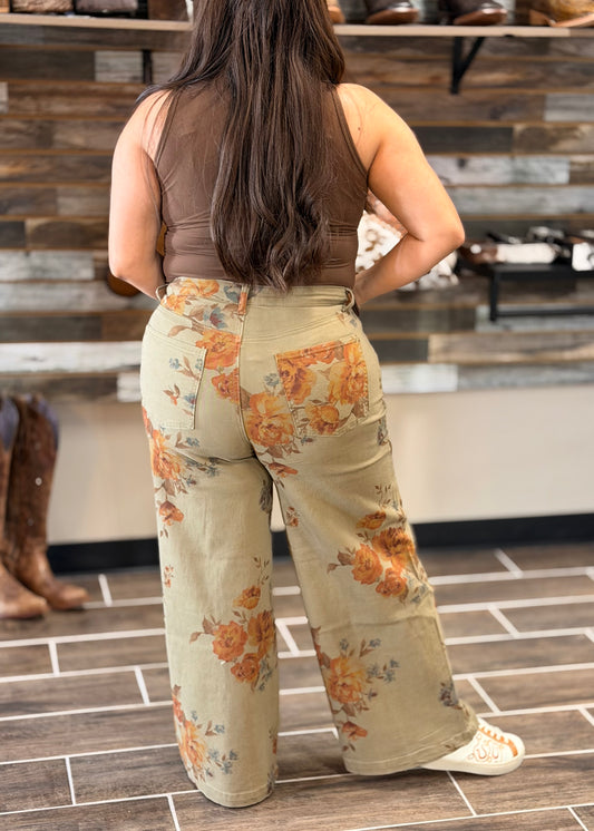 Flower Print Washed Pants