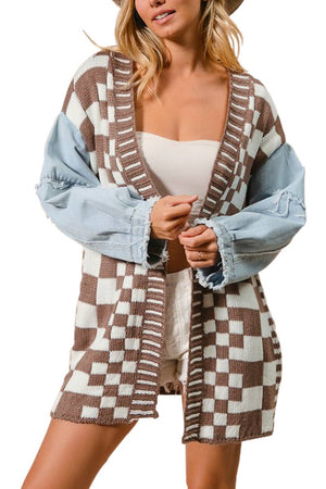 Checkered Washed Denim Cardigan