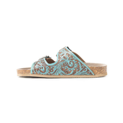 Tanned Turquoise Hand Tooled Leather Sandals