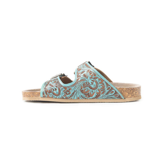Tanned Turquoise Hand Tooled Leather Sandals