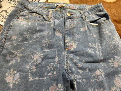 Floral Washed Denim Pants