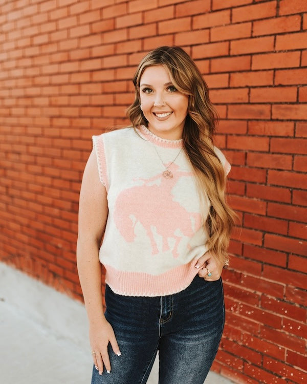 Ivory Pink Buckle Horse Sleeveless Sweater