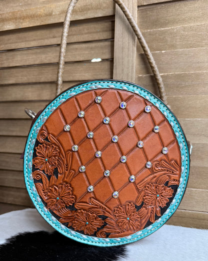 Floral Rhinestone Leather Canteen Bag AS