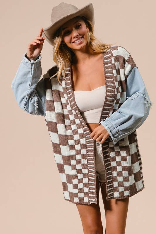 Checkered Washed Denim Cardigan