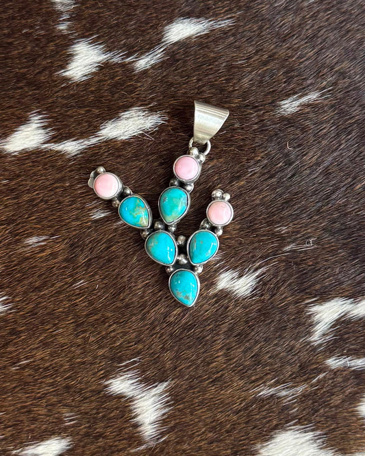 Turquoise & Pink Conch Cactus Pendant * Native