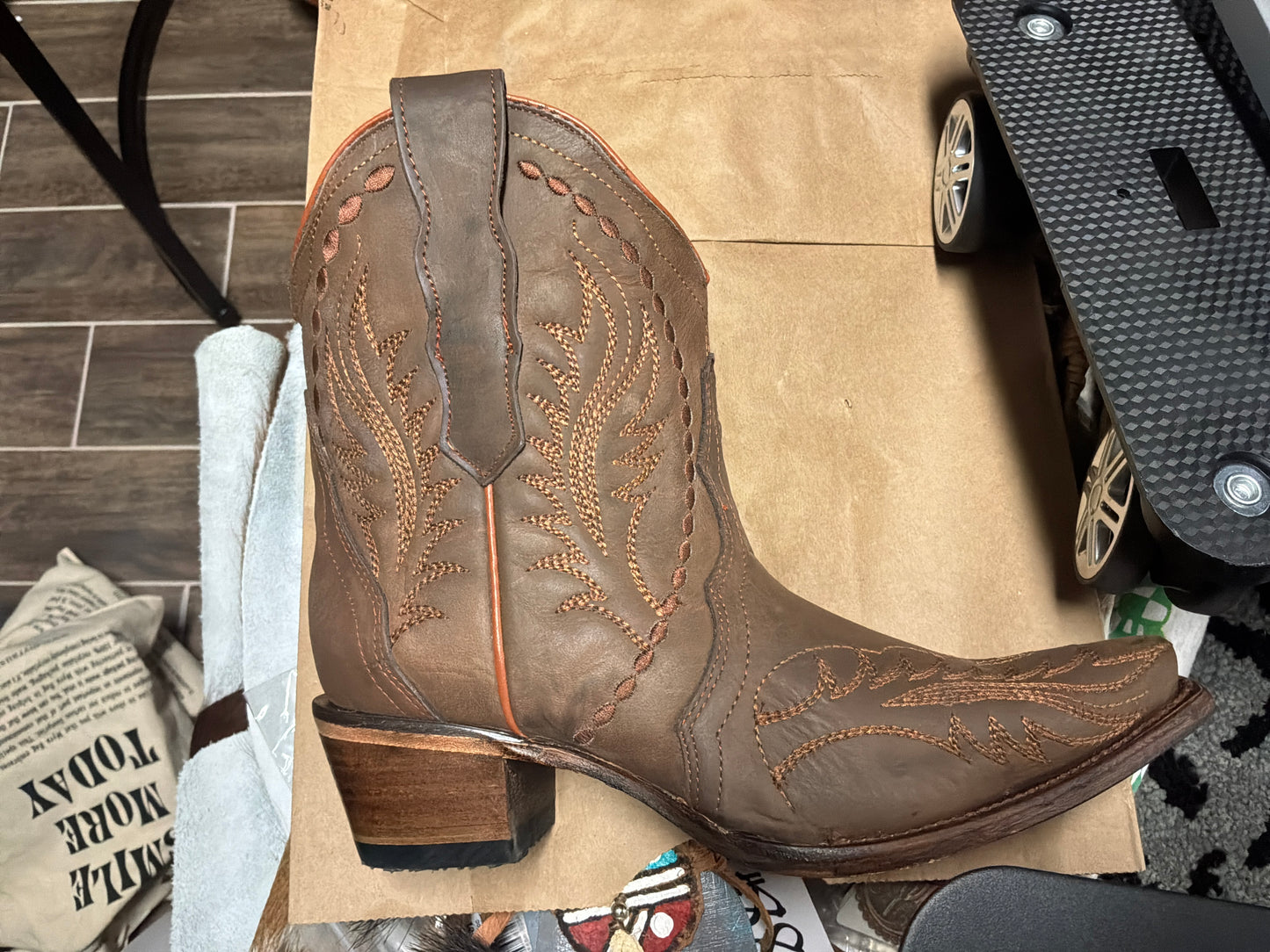 Brown Embroidery Ankle Boot