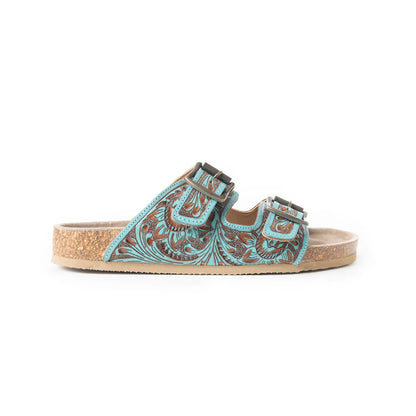 Tanned Turquoise Hand Tooled Leather Sandals